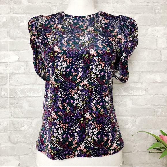 NWOT GENERATION LOVE Purple Velvet Floral Puffed Short Sleeve Blouse Size XS - Picture 11 of 12